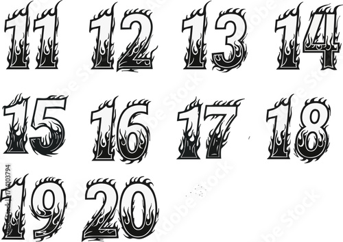A collection of stylized numbers eleven through twenty, each rendered with a fiery design.