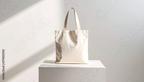 Off White Canvas Tote Bag on White Cube Display