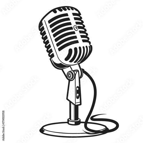 Black and White Line Art of a Classic Microphone on a Stand with a Curled Cable vintage