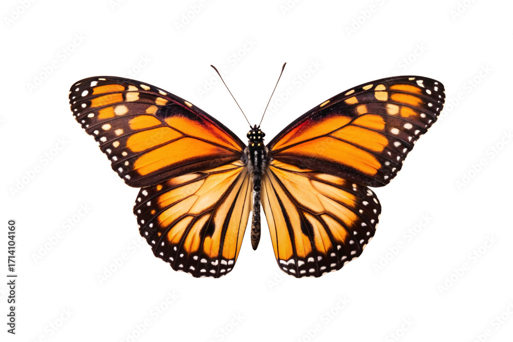 Obraz premium Monarch butterfly with orange and black wings spread wide open, isolated on a transparent background