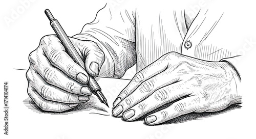 Vintage Engraving Style Illustration of Hands Writing with a Fountain Pen
