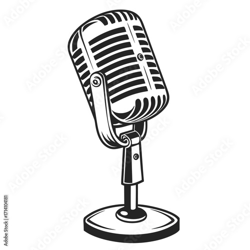 Classic black and white illustration of a vintage microphone on a simple stand against a white background
