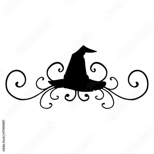 Logo con silueta de sombrero de bruja con filigrana caligráfica. Silueta con florituras para tarjetas y felicitaciones de Halloween