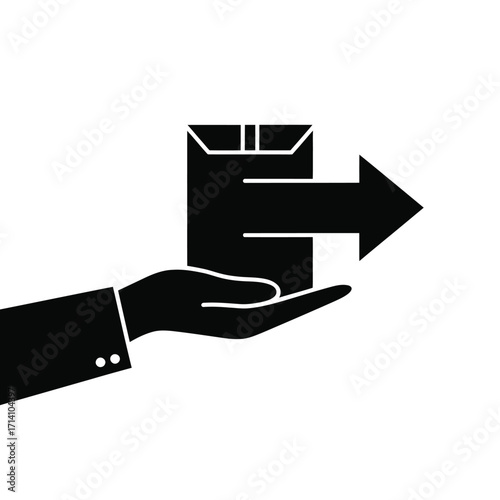 Hand delivering package with outgoing arrow icon
