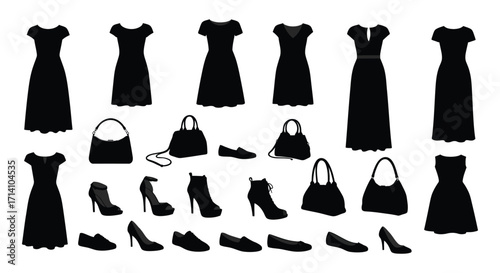 Black silhouettes of women s dresses shoes and handbags isolated on white