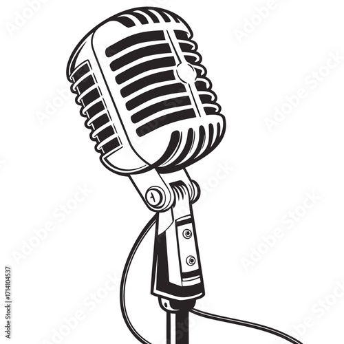 Close-up black and white illustration of a vintage microphone on a stand with a wire on a white background
