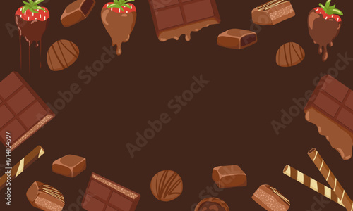 Sweet dessert horizontal banner frame with chocolate bars, candies and strawberries on dark background. Vector hand drawn illustration for packaging design, menu, flyers with blank copy space