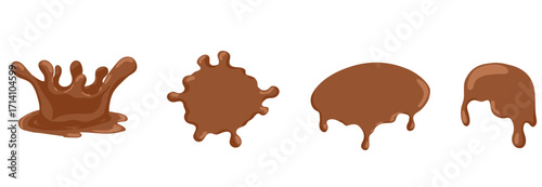 Chocolate splash and drip set with drops, stains and flowing liquid shapes. Vector hand drawn illustration for dessert design, packaging, sweets decoration and cafe branding