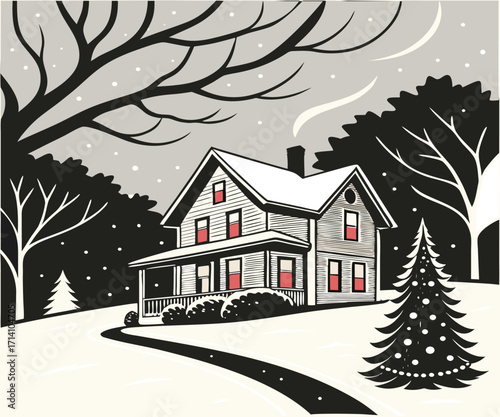Snowy House with Christmas Tree, Peaceful Winter Holiday Scene in Black and White