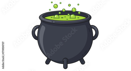 A black cauldron filled with green potion and bubbling
