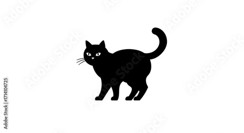 A black cat silhouette stands with its tail curled upward looking alert