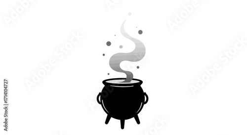 A black cauldron with smoke rising floating bubbles around