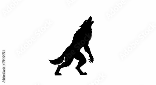 A black silhouette of a werewolf standing and howling upwards on a white background