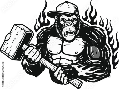 Muscular gorilla wearing a cap holds a hammer, surrounded by flames, in a black and white illustration.