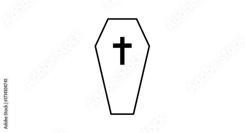 A black outline of a coffin with a black cross in the center on a white background
