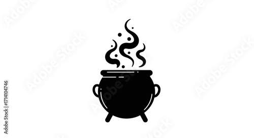 A black silhouette of a cauldron with smoke or steam rising above it