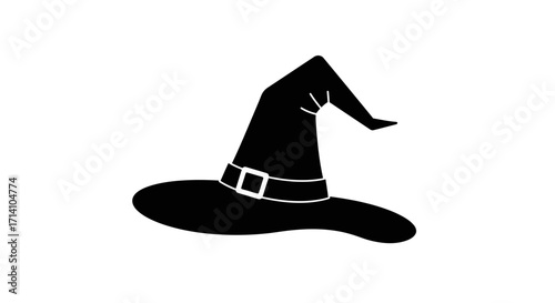 A black silhouette of a witchs hat featuring a pointed cone shape and a wide brim with a buckle
