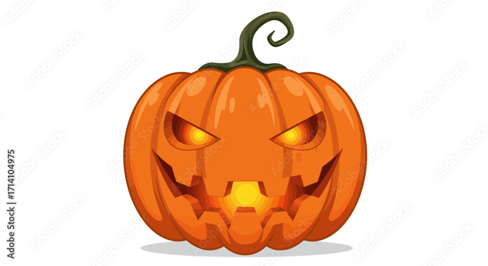 Fototapeta premium A cartoon pumpkin carved into a Jackolantern with glowing eyes and mouth on a white background
