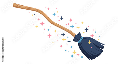 A cartoon broom flies across the image stars  dots trailing behind it The broom has a wooden handle  dark brush