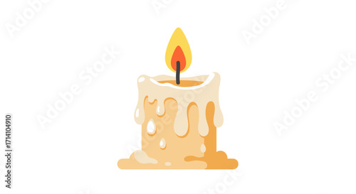 A cartoon candle with melting wax and a lit flame on a white background