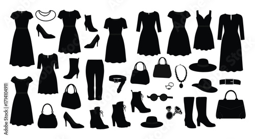 Silhouettes of fashionable women s clothing and accessories in black and white