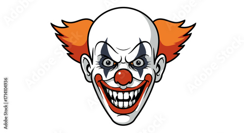 A cartoon clown head with orange hair a red nose and a wide grin