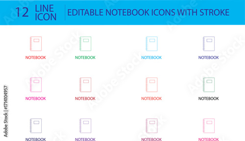 Minimal notebook line icons with strokes, suitable for study, school, office, notes, education, and stationery-related projects.