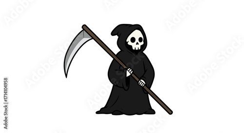 A cartoon grim reaper in a black robe holding a scythe
