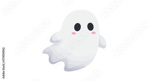 A cartoon ghost with black eyes and pink cheeks floats on a white background