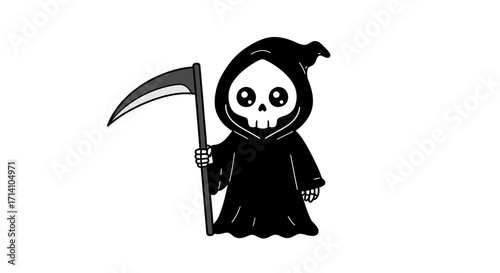 A cartoon reaper with big eyes holds a scythe against a white background