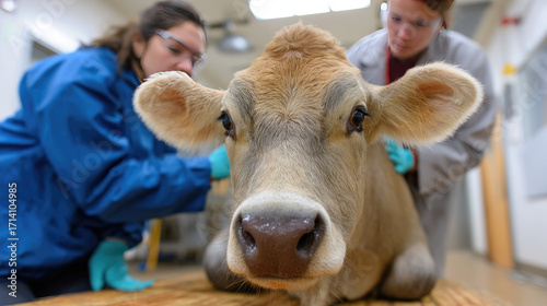 Veterinarians examining a young cow during a health check in a barn