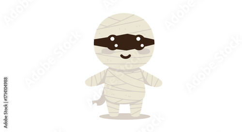 A cartoon mummy stands with a smile wrapped in bandages