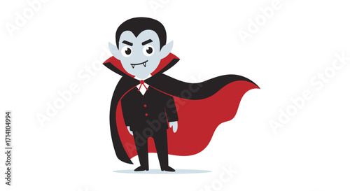 A cartoon vampire with pale skin pointy ears a black cape and a dark suit