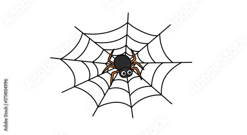 A cartoon spider with orange legs sits in a black web