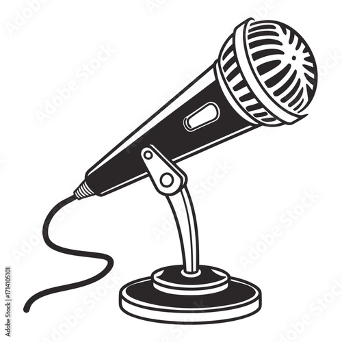 Modern Microphone on a Desk Stand with Cable on White Background audio sound