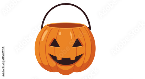 A pumpkinshaped candy bucket with a carved jackolantern face and a black handle