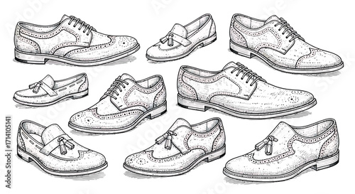 Hand Drawn Men's Classic Dress Shoes Illustration Set: Brogues, Oxfords, and Loafers Sketch