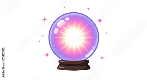 A purple pink and white glowing fortune telling orb sits on a dark brown base surrounded by pink stars