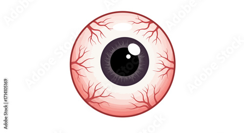 A red veiny eyeball with a purple iris and black pupil featuring a white reflection