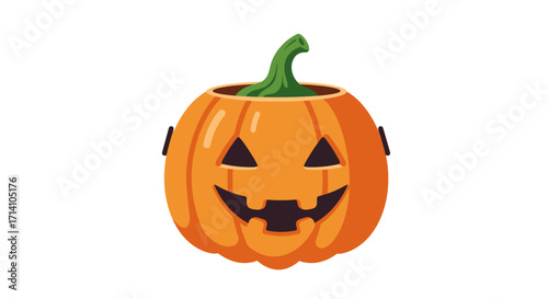 A simple cartoon style Jackolantern with a green stem on a white background