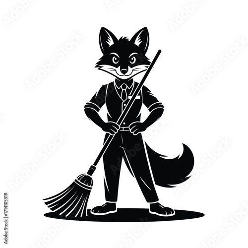 Anthropomorphic fox character holding a broom ready to clean