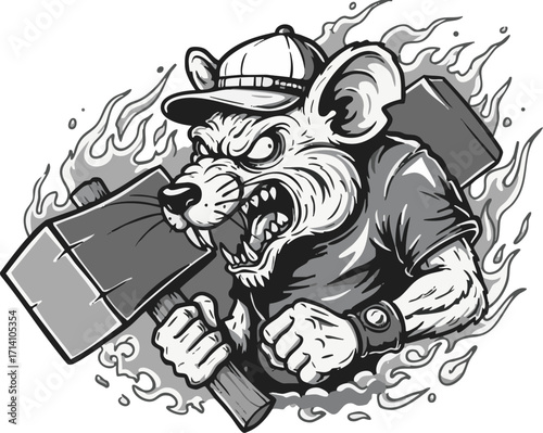 An angry cartoon rat wearing a cap and wristbands, holding two axes over its shoulders, surrounded by flames.