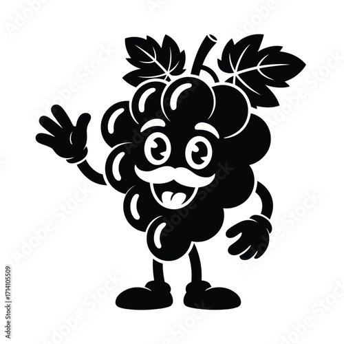 Waving cartoon grape character with mustache and googly eyes