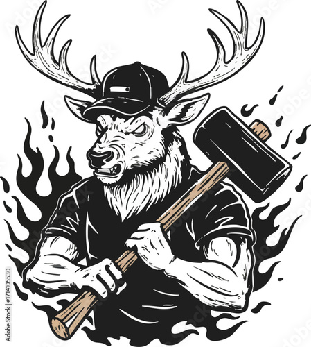 Illustration of an anthropomorphic deer wearing a cap and holding a large hammer, set against a backdrop of stylized flames.