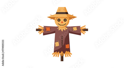 Cartoon scarecrow with brown clothes hat straw accents  stitched details stands against a plain white background