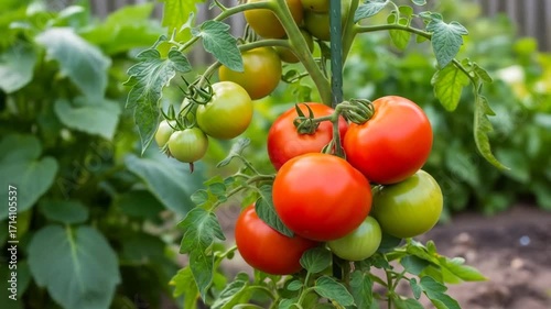 Ripe and unripe tomatoes growing on a vine in a garden