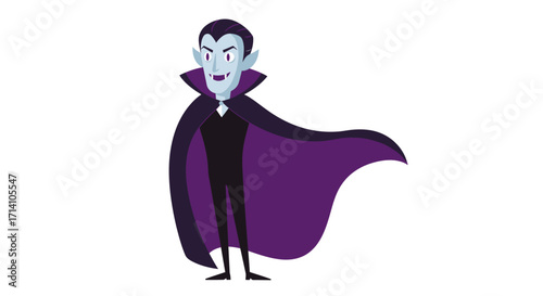 Cartoon vampire with a dark cloak and pale skin standing against a white background