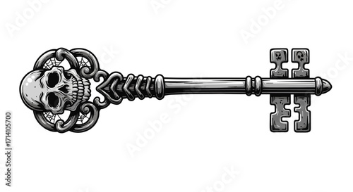 Grayscale skull key intricate design with skull details on both handle and blade ends