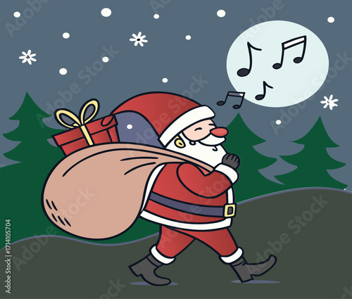 "Santa Claus Singing Under Starry Night, Festive Christmas Cartoon Illustration with Gift Sack