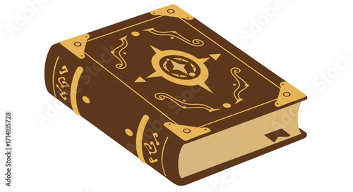 Illustrated brown book with golden accents featuring a compass design